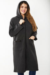 Women's Plus Size Smoked Front Zipper Hooded Unlined Faux Leather Garnished Coat 65n37179