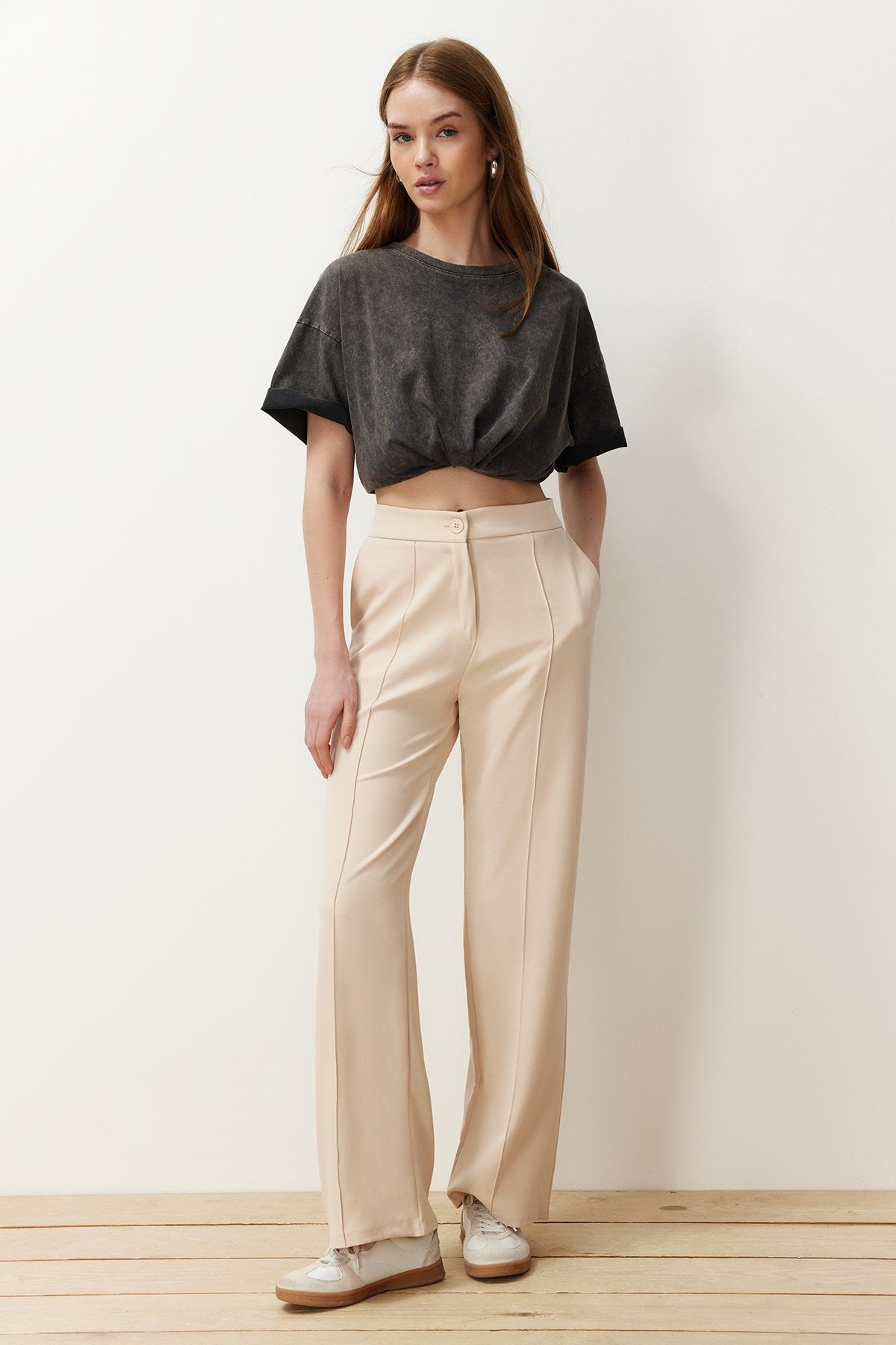 Beige Wide Leg Woven Pants Twoss24pl00146