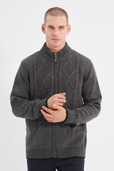 Anthracite Men's Slim Fit Knit Detailed Zipper Pocket Knitwear Cardigan Tmnaw21hi0349