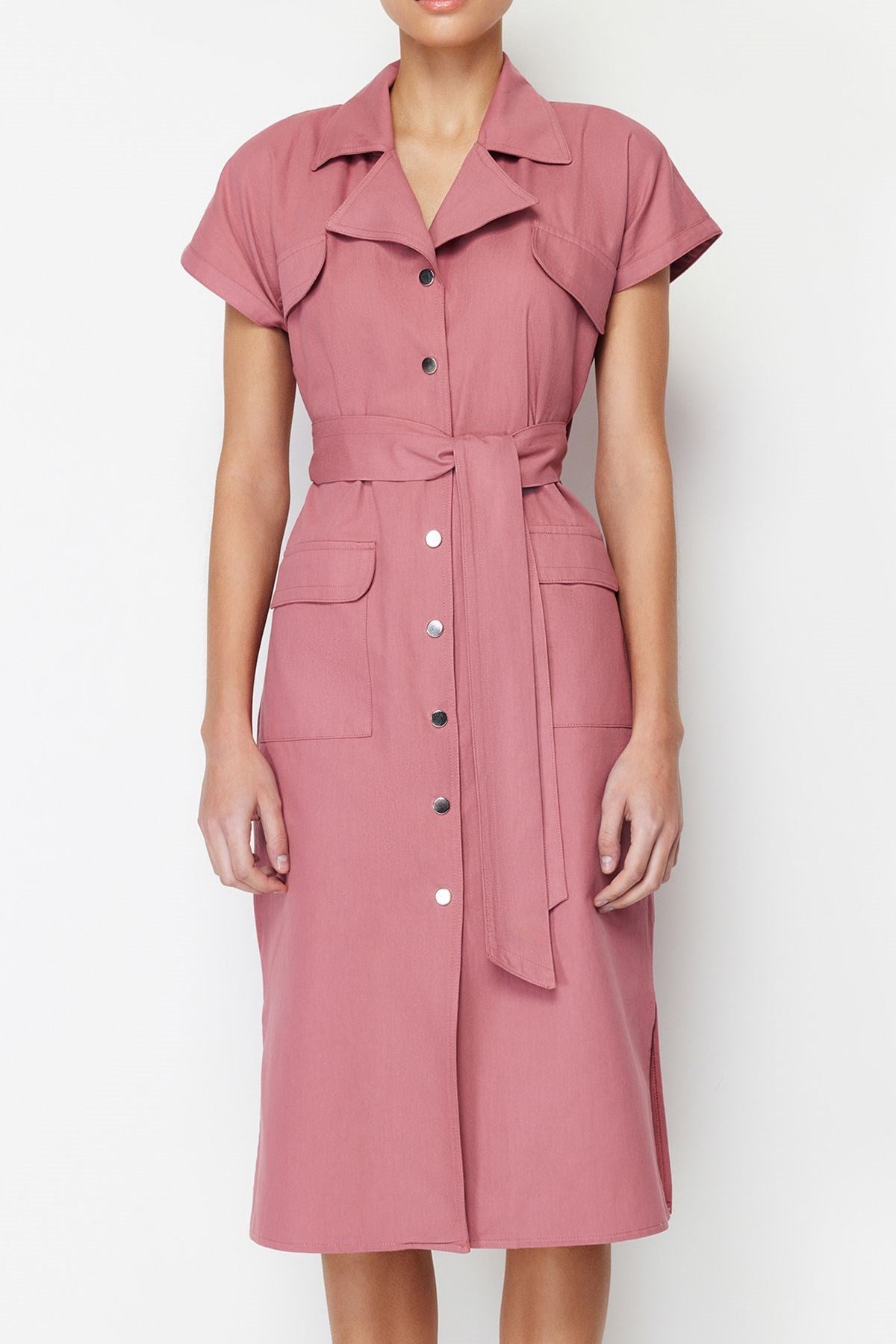 Dusty Rose Belted Wide Pattern Gabardine Midi Shirt Dress Twoss24el00227