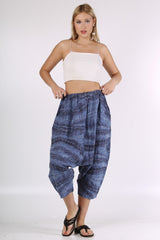 Italian Blue Patterned Pocket Elastic Waist Linen. Woven Shawl Pants M10060000pn98354