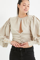 Women's White Chest And Waist Ruffle Detailed Crop Blouse Lgoz140rlx