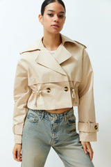 Beige Oversize Wide Cut Cotton Crop Trench Coat Twoss24tr00012