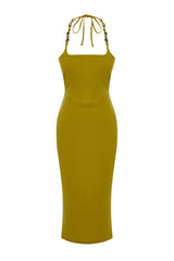 X Zeynep Tosun Oil Green Knitted Accessory Detailed Balen Elegant Evening Dress Tclss24el00013