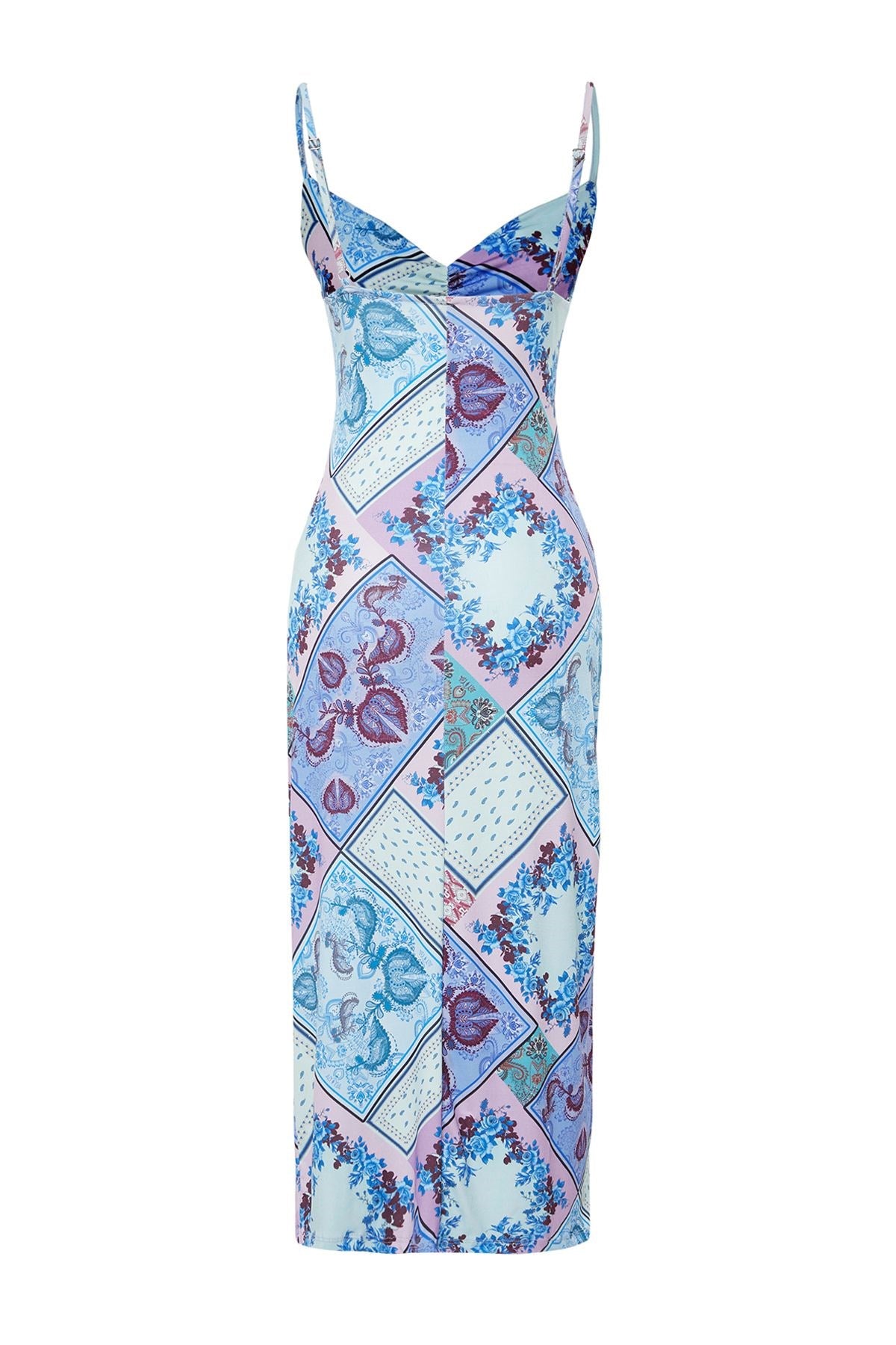 Blue Strappy Printed A Cut/bell Form Flexible Knitted Midi Pencil Dress Twoss24el00579