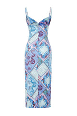 Blue Strappy Printed A Cut/bell Form Flexible Knitted Midi Pencil Dress Twoss24el00579