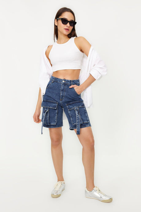 Blue Cargo Pocket Regular Waist Denim Shorts & Bermuda Twoss24sr00014