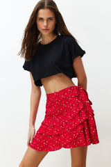 Red Floral Print Viscose Mini Shorts Skirt Twoss24sr00045