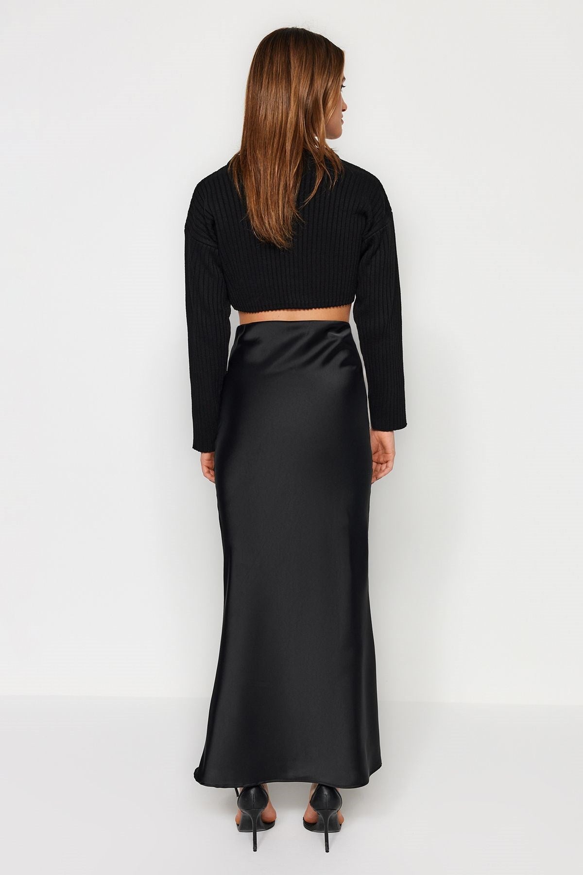 Black Fish Cut Satin Maxi Length Woven Skirt Twoaw24et00358