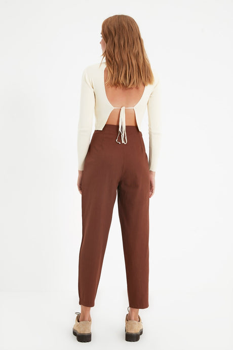 Brown Cotton Carrot Pattern Stripe Detailed Woven Pants Twoaw22pl0342