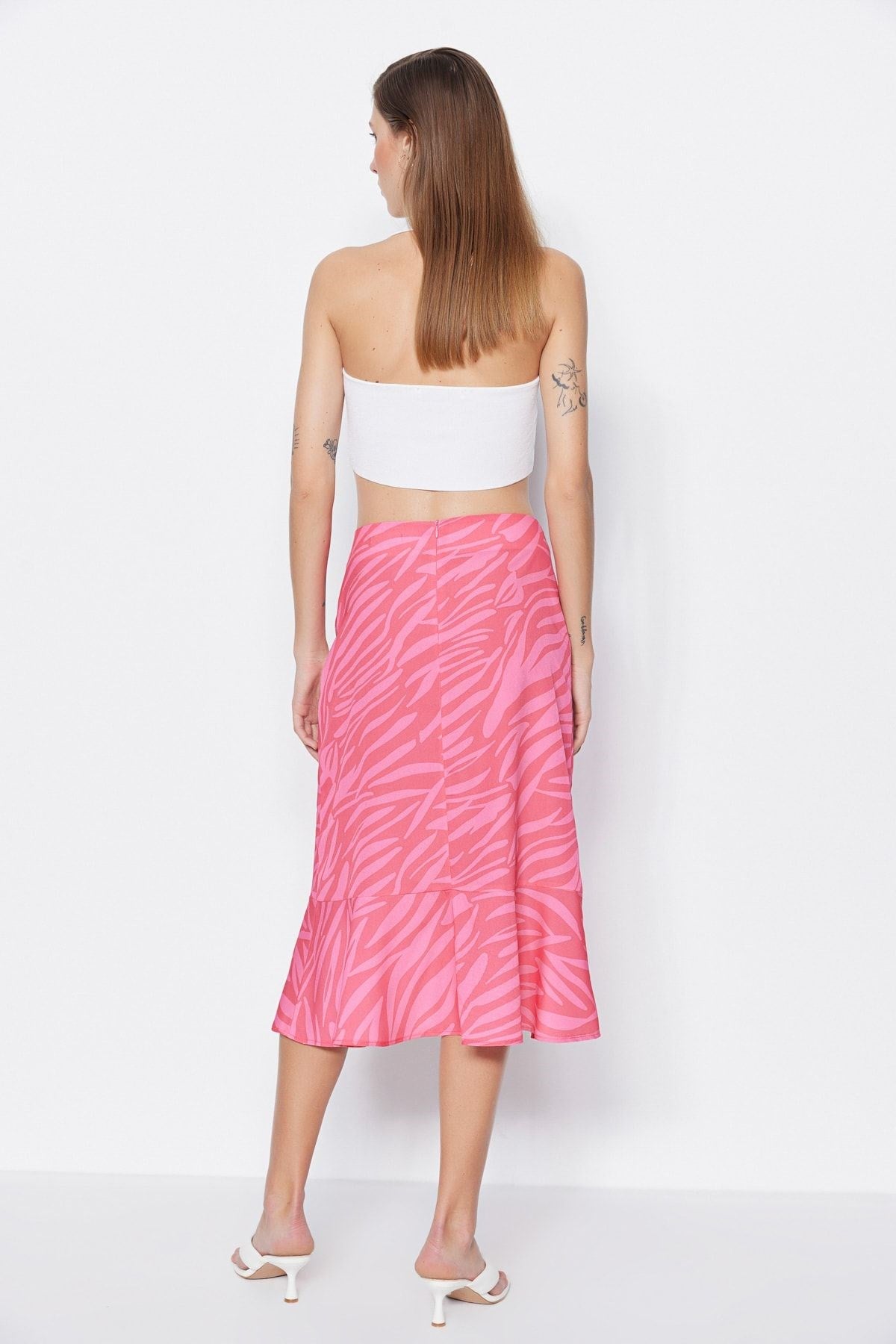 Pink Skirt-tip Ruffle Patterned Midi Woven Skirt Twoaw20et0241