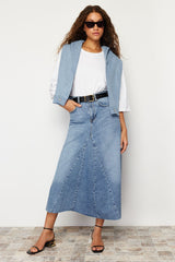 Blue Flounce Stitching Detailed High Waist Maxi Denim Skirt Twoss24et00012