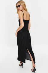 Black Striped Strappy Bodycone/body Wrapping Knitted Maxi Pencil Dress Twoss24el00290