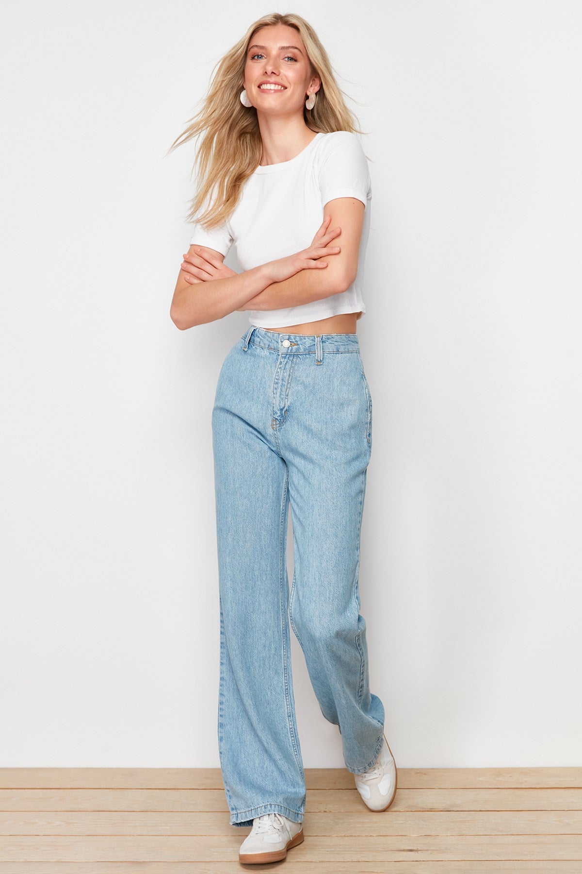 Blue 100% Tencel™ Pocket Detailed High Waist Wide Leg Jeans Twoss24je00201