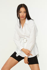 White Belted Buckle Detailed Woven Cotton Shirt Twoaw20go0099