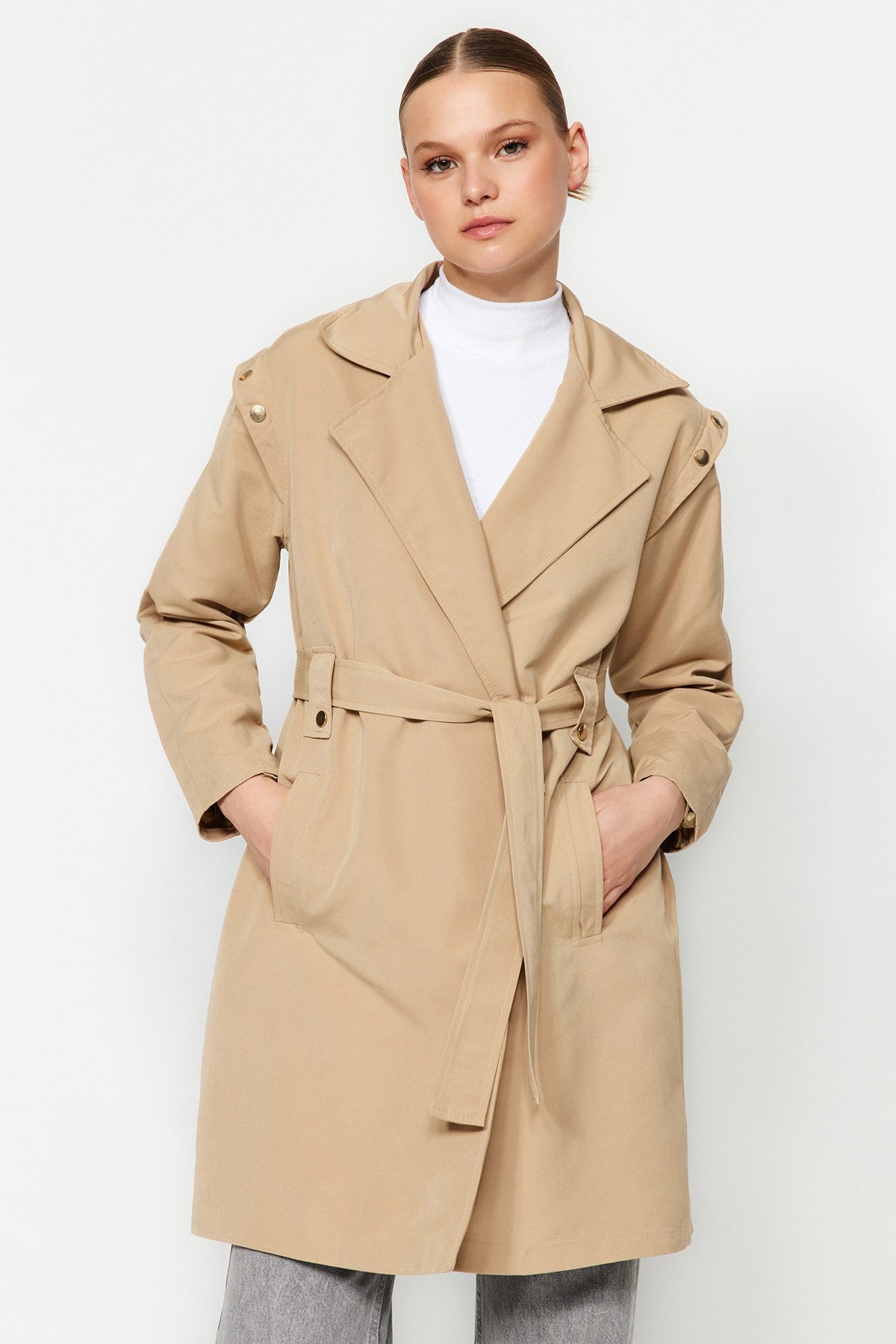 Limited Edition Beige Belted Water Repellent Trench Coat Twoaw24tr00053