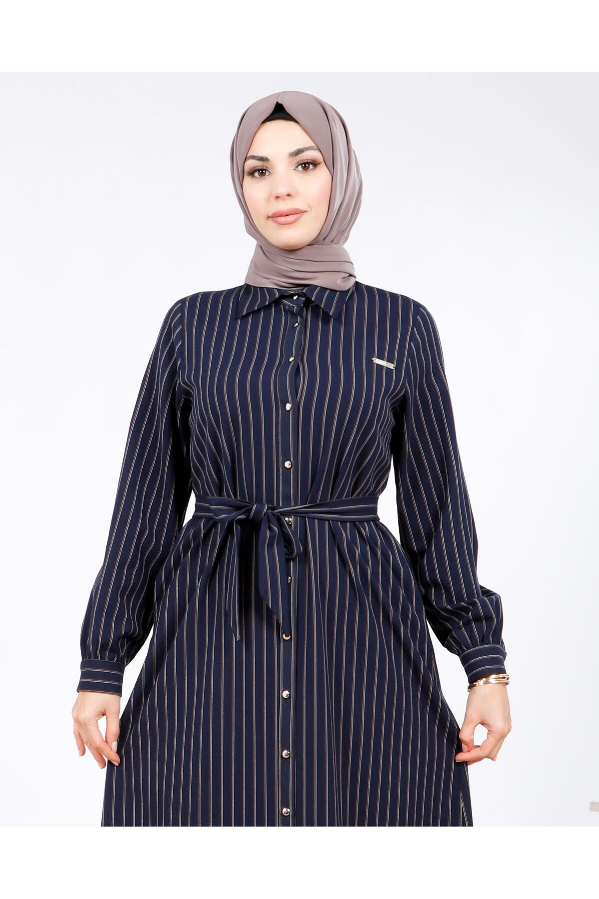 5559 Grey Striped Burkini Winter Dress T24elbk5559