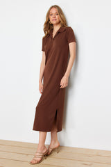 Brown Polo Neck Shift/nromal Cut Midi Knit Dress Twoss24el01012