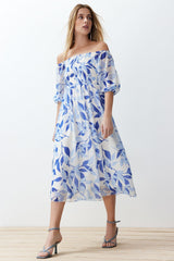 Blue Floral Skater Chiffon Maxi Woven Dress Twoss24el00840