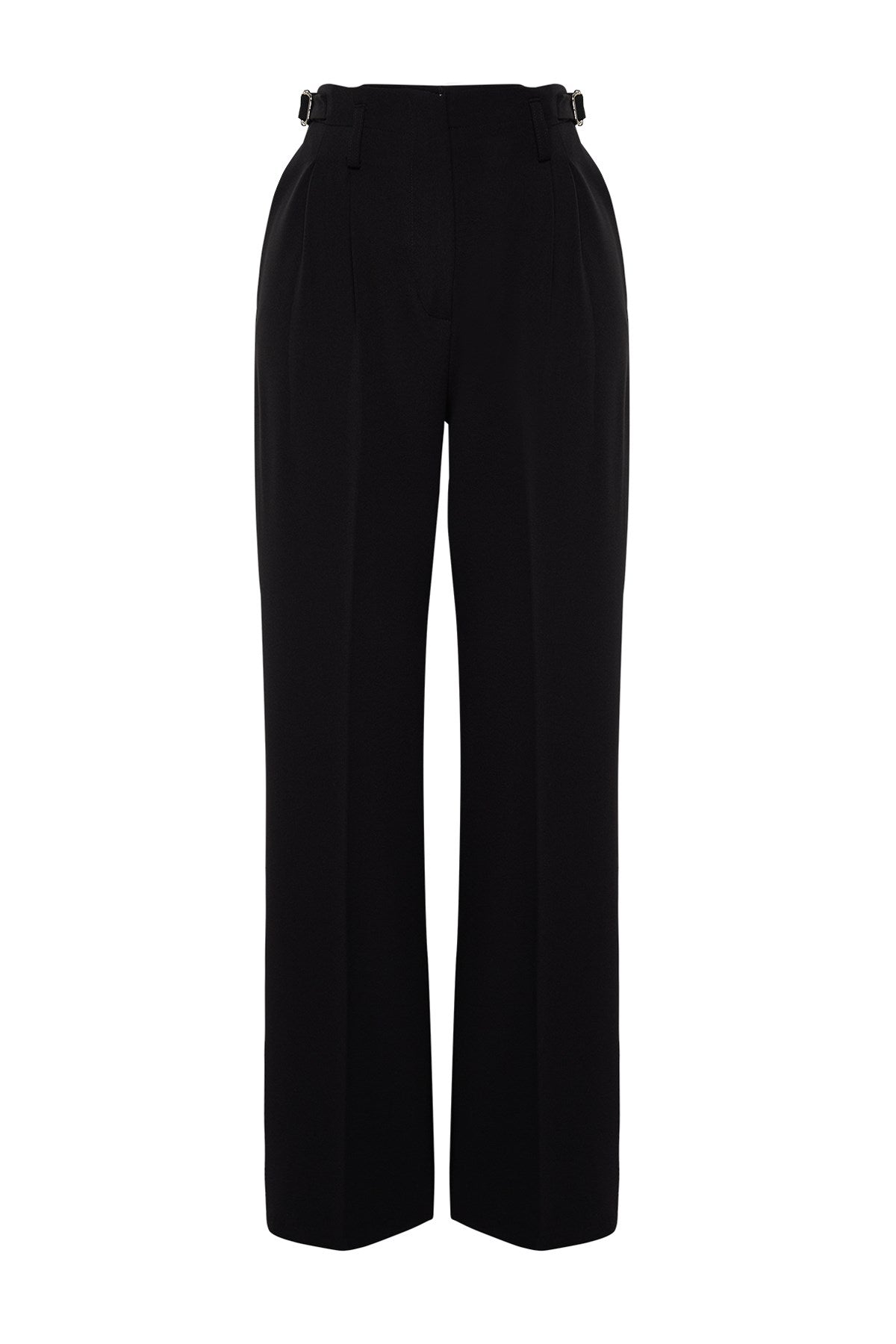 Black Straight/flat Cut Back Belt Buckle Detailed Woven Pants Twoss24pl00068