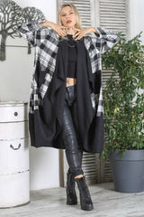 Black And White Handkerchief Collar Long Sleeve Plaid Double Pockets Long Fit Woven Slipknot Coat M1