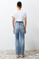 Blue More Sustainable Ripped High Waist Straight Jeans Twoss24je00200