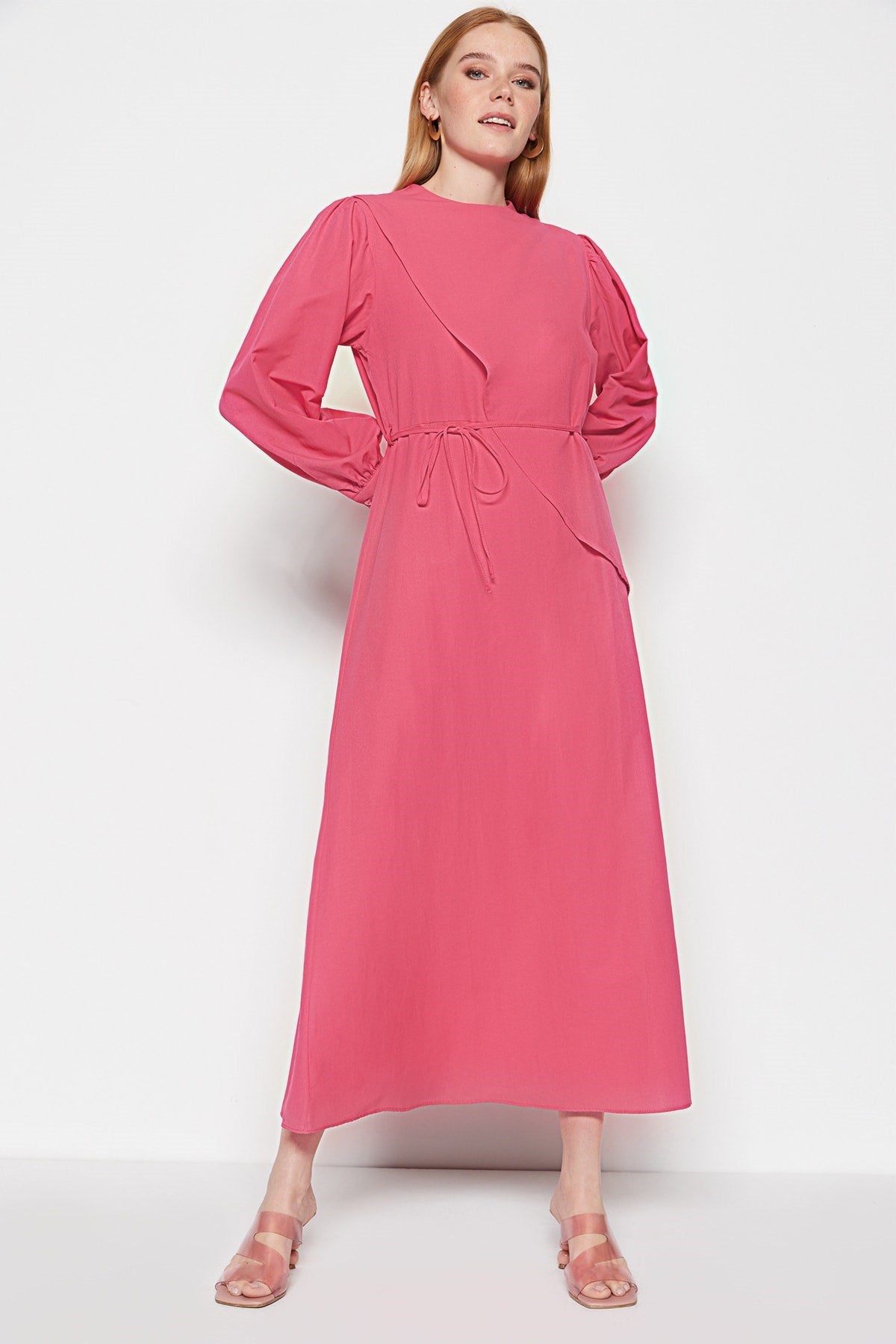 Fuchsia Belted Front One-piece Cotton Woven Dress Tctss23eb00360