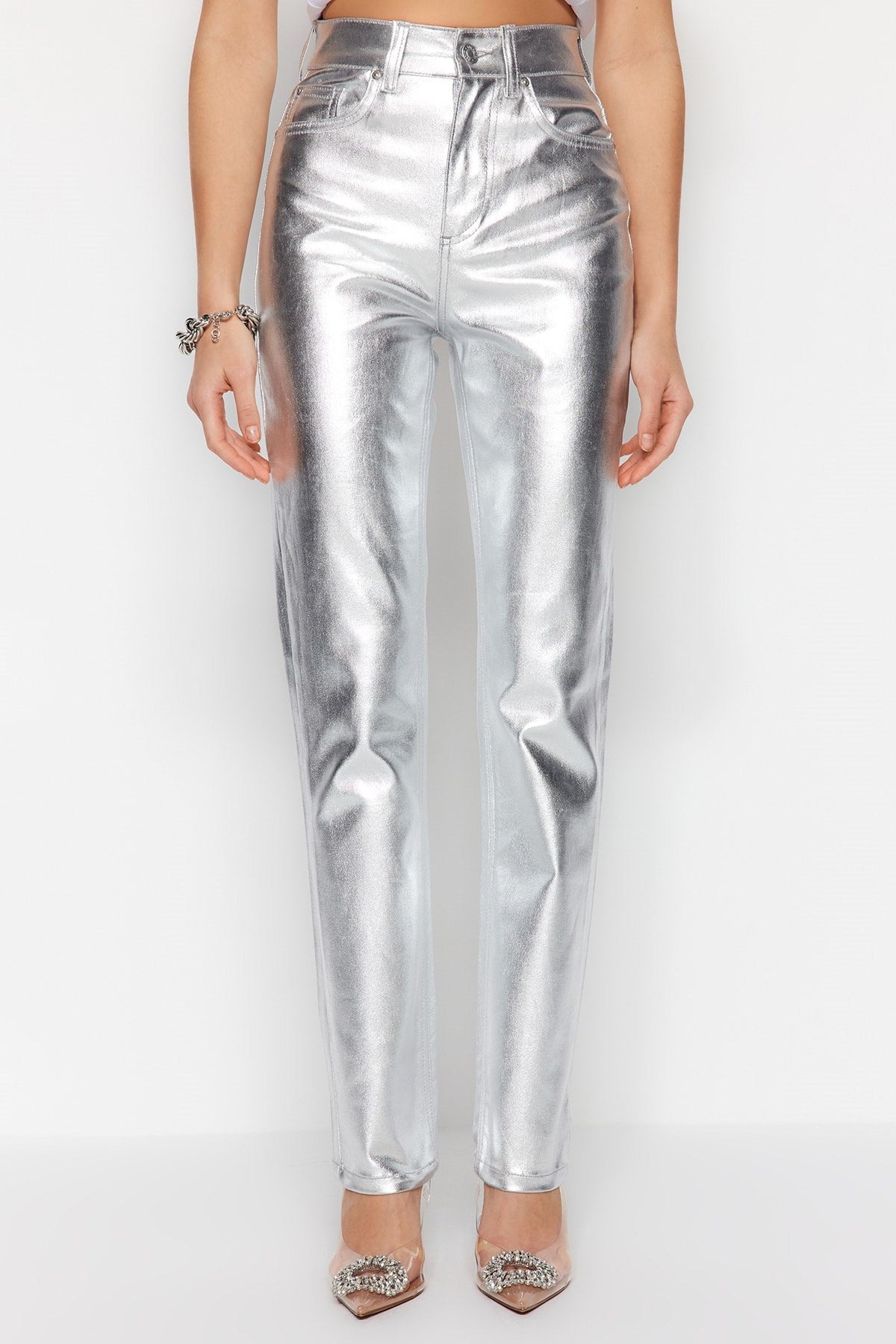 Silver Shiny Metallic Printed High Waist Straight Jeans Twoss23je00243