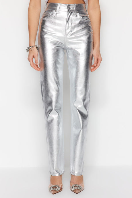 Silver Shiny Metallic Printed High Waist Straight Jeans Twoss23je00243