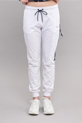 Women's White Woven Lycra Slim Bi-strech Solid Color Pockets Ribana Leg Sports Casual Sweatpants 352