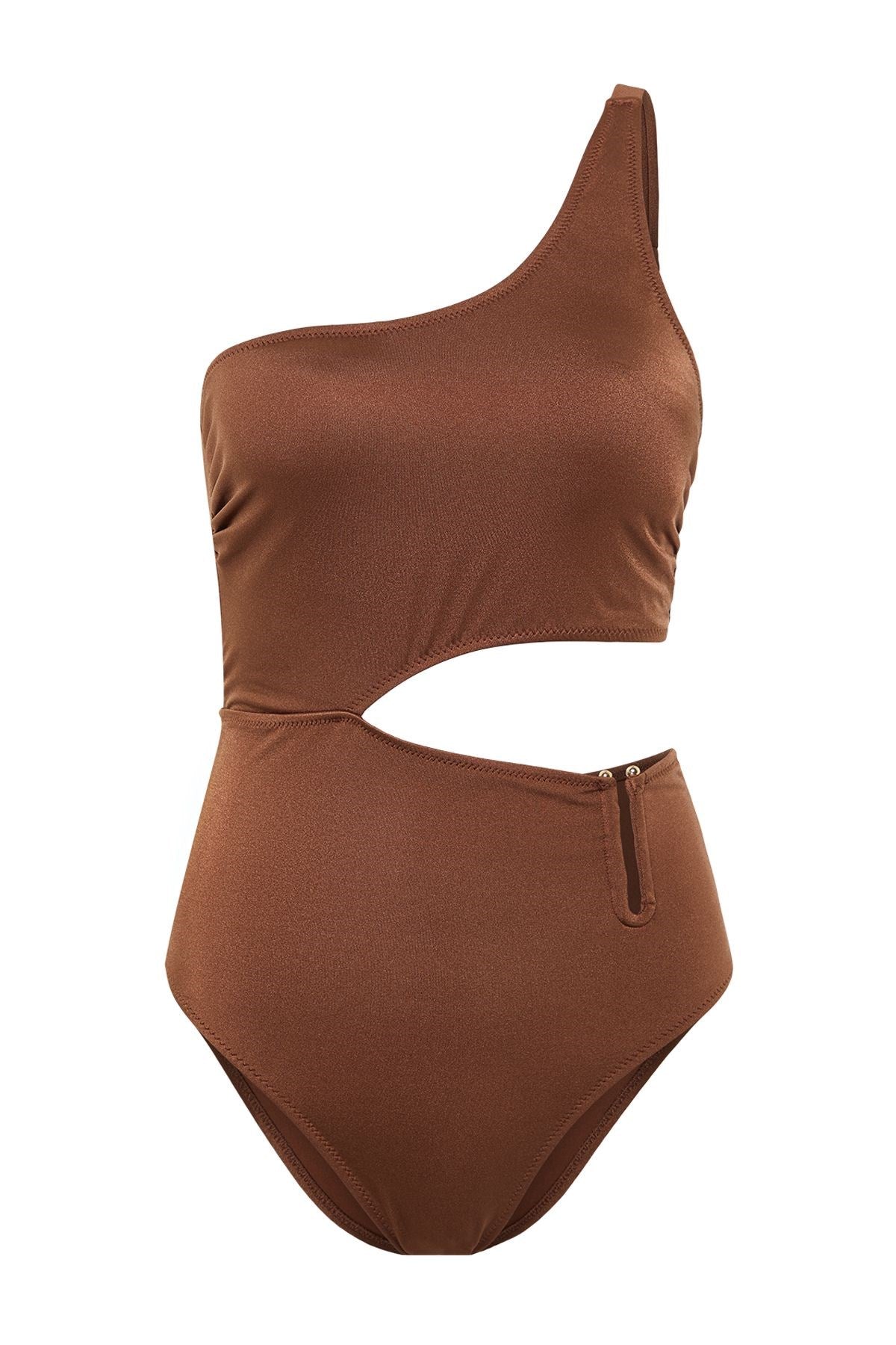 Brown One Shoulder Accessorized Regular Swimsuit Tbess24my00004