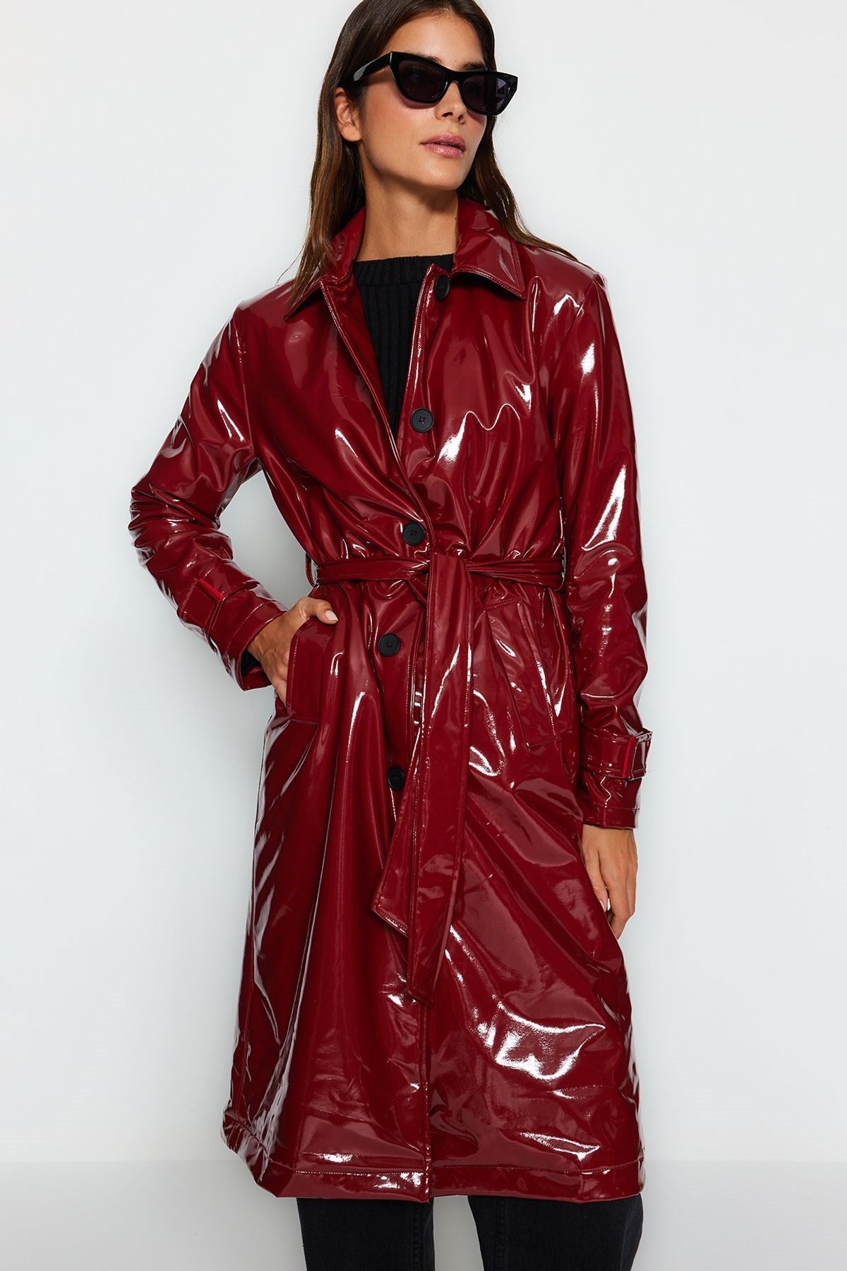 Burgundy Shiny Belted Trench Coat Twoaw24tr00067