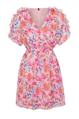 Pink Floral Print Waist Ruffle Detail Lined Chiffon Mini Woven Dress Twoss24el00638