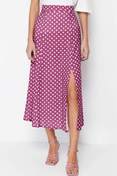 Black Polka Dot Slit Detail Viscose Fabric Midi Woven Skirt Twoaw20et0205