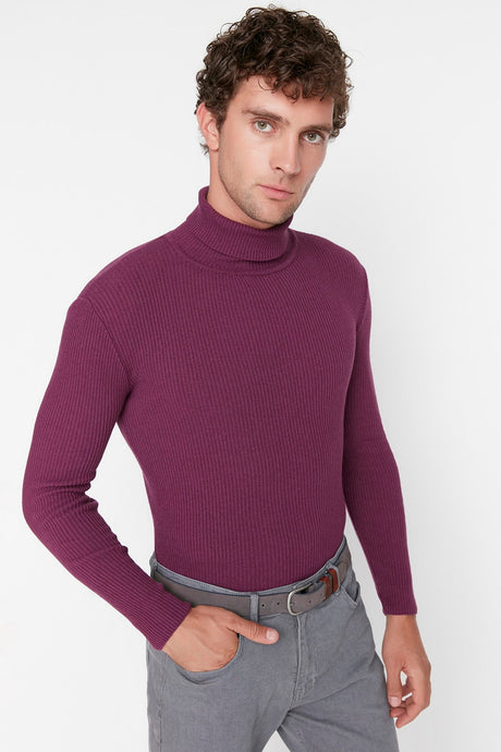 Grey Men's Slim Fit Turtleneck Ribbed Knit Basic Sweater Tmnaw20mg0031