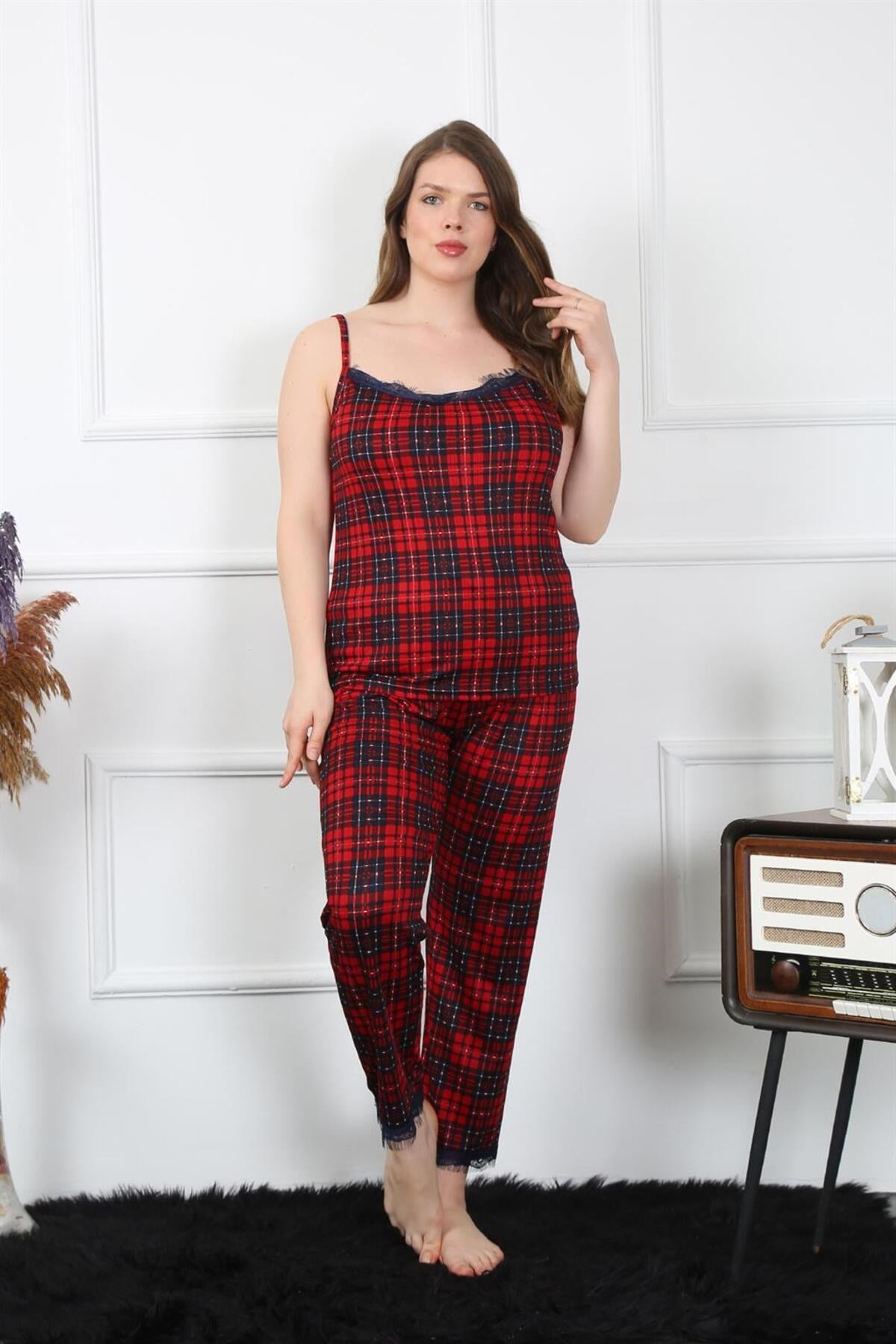 Women's Plus Size Red Plaid Rope Strap Sleepwear Set 202197