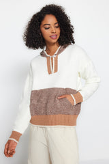 Ecru Soft Textured Boucle Hooded Knit Sweater Twoaw24kz00210