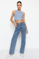 Blue Waist Detailed High Waist Wide Leg Jeans Twoss21je0385