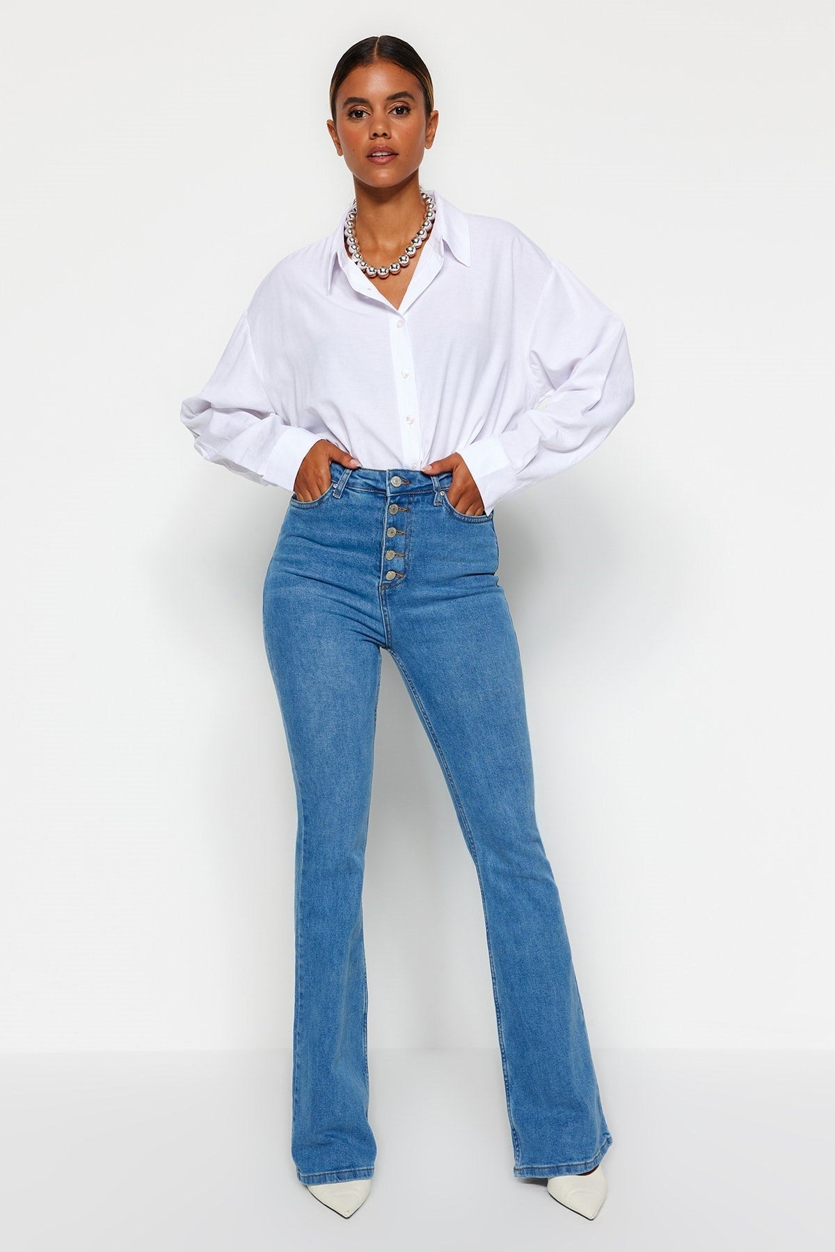 Black Front Buttoned High Waist Flare Jeans Twoss20je0111