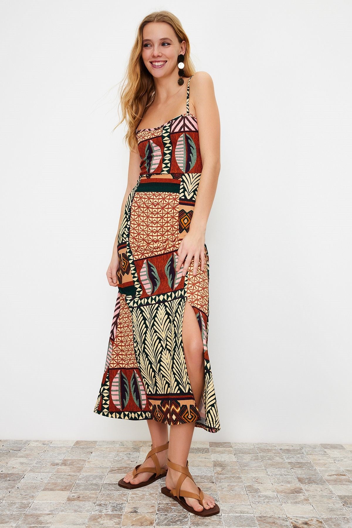 Multicolor Printed Strappy Dusty/textured Knitted Midi Dress Twoss24el00401