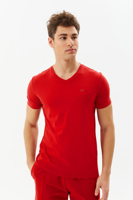 Men's Red V Neck 100% Cotton Short Sleeve Slim Fit Solid Color Casual Sports T-shirt 8898 Tb20ml07s8