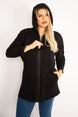 Women Plus Size Black Front Zipper Pocket And Hooded Coat 65n35108 65n35108