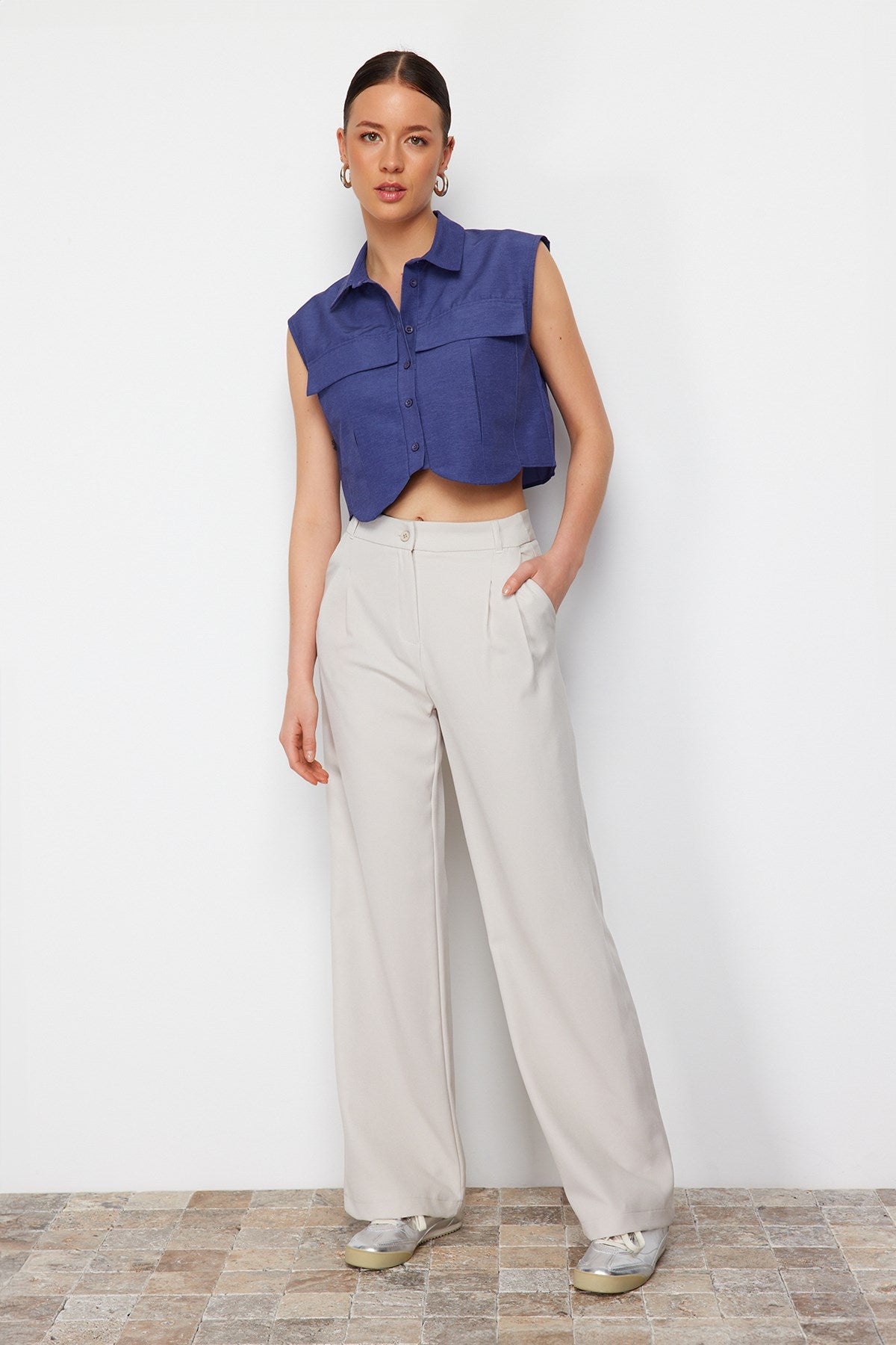 Mink High Waist Wide Leg/wide Leg Pleated Woven Pants Twoss24pl00114