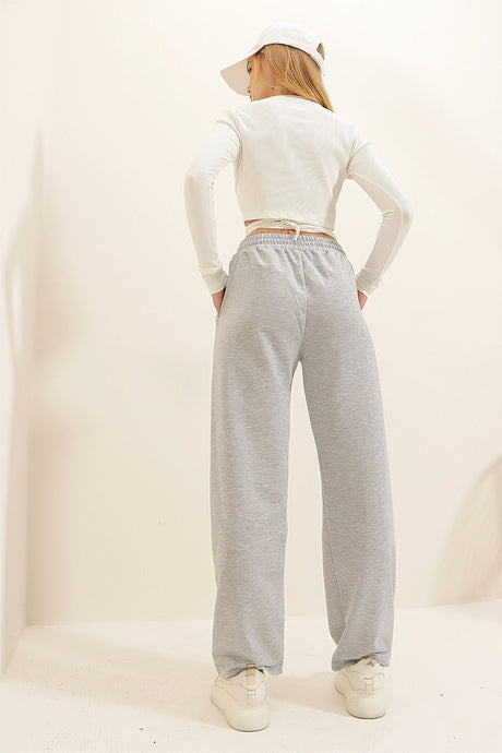 Women's Grey High Waist Front Grass Loose Leg Double Pocket Sweatpants Alc-x7957