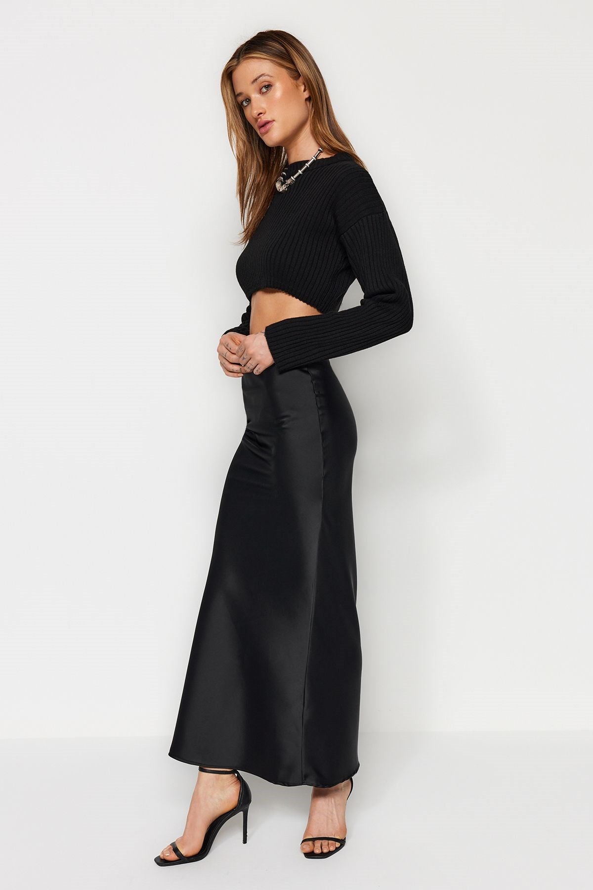 Black Fish Cut Satin Maxi Length Woven Skirt Twoaw24et00358