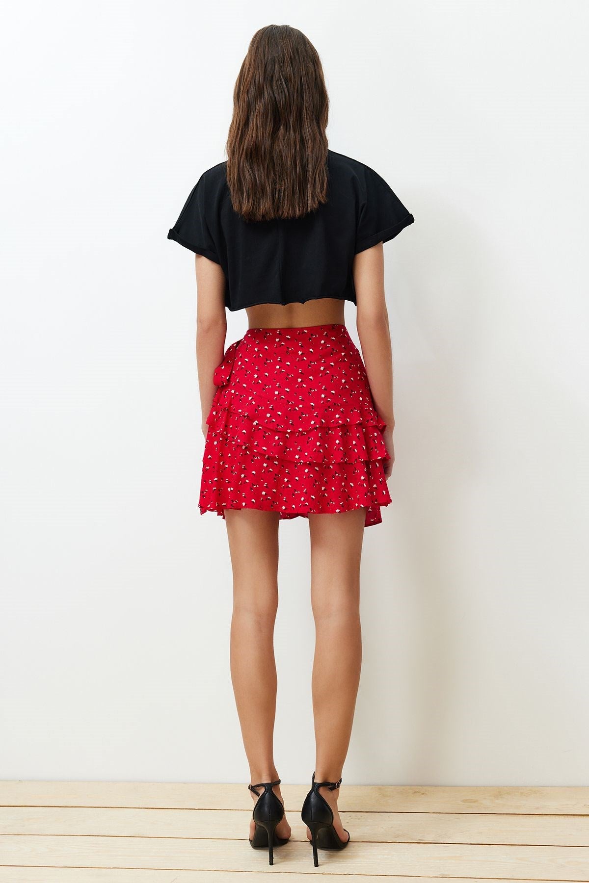 Red Floral Print Viscose Mini Shorts Skirt Twoss24sr00045