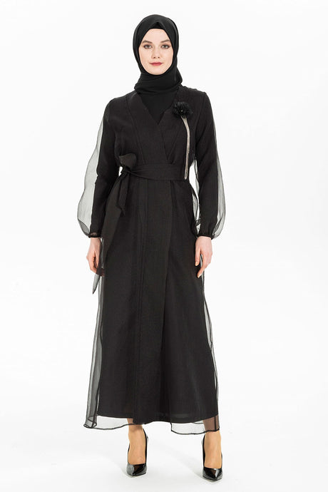 Asian Organza Belted Burkini Black Abaya Suit 3433 T22ab3m3433