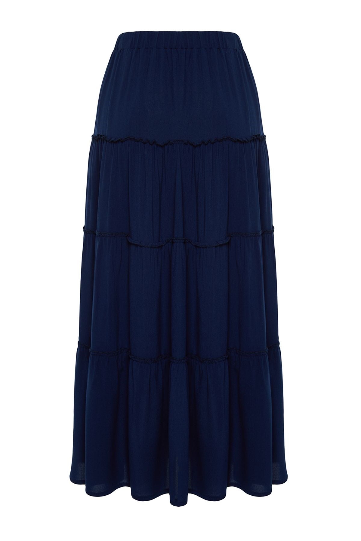 Navy Blue Waist Ruffle Detail Flared Maxi Length Woven Skirt Twoss24et00098