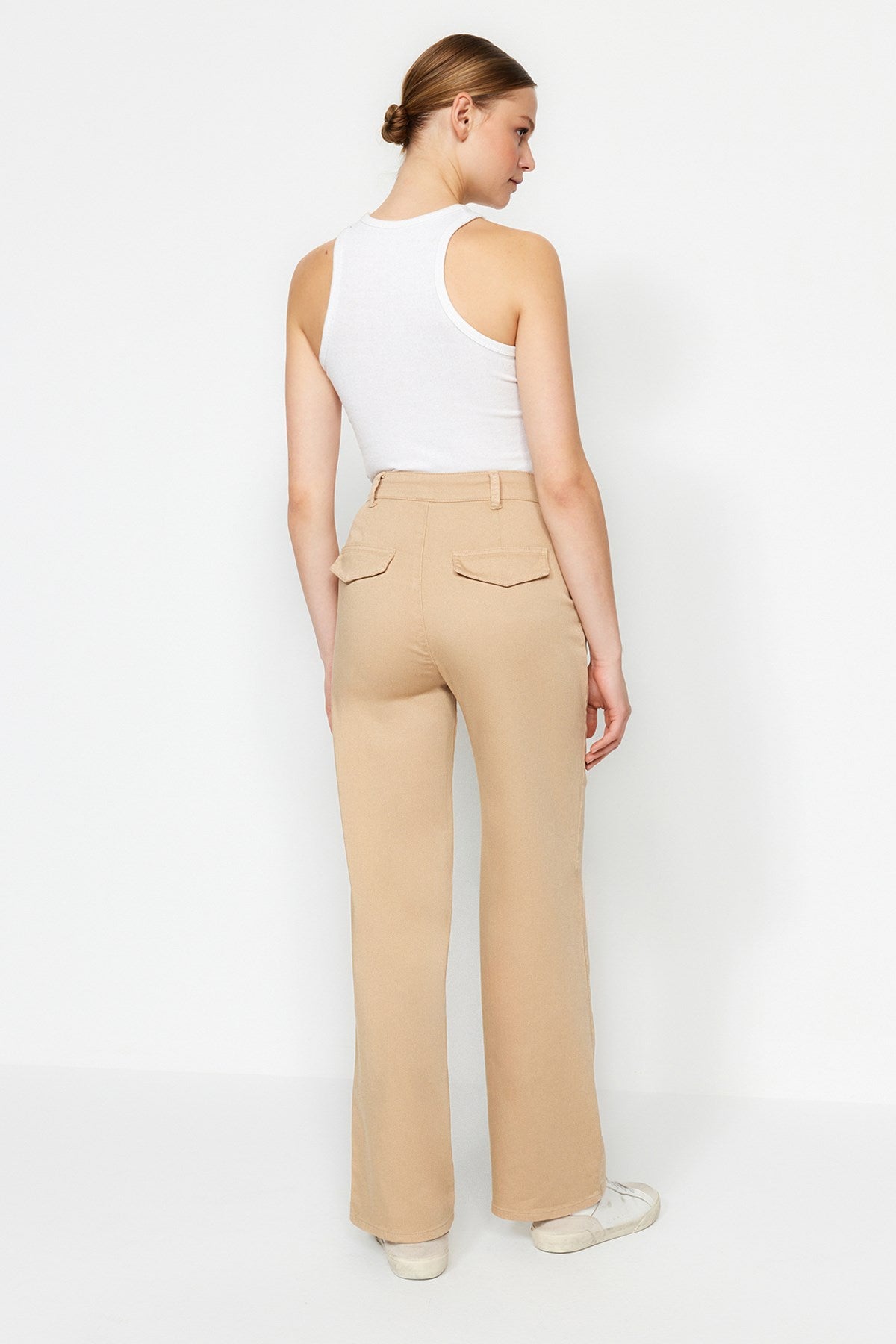 Beige Stitching Detailed Satin High Waist Wide Leg Jeans Twoaw24je00297