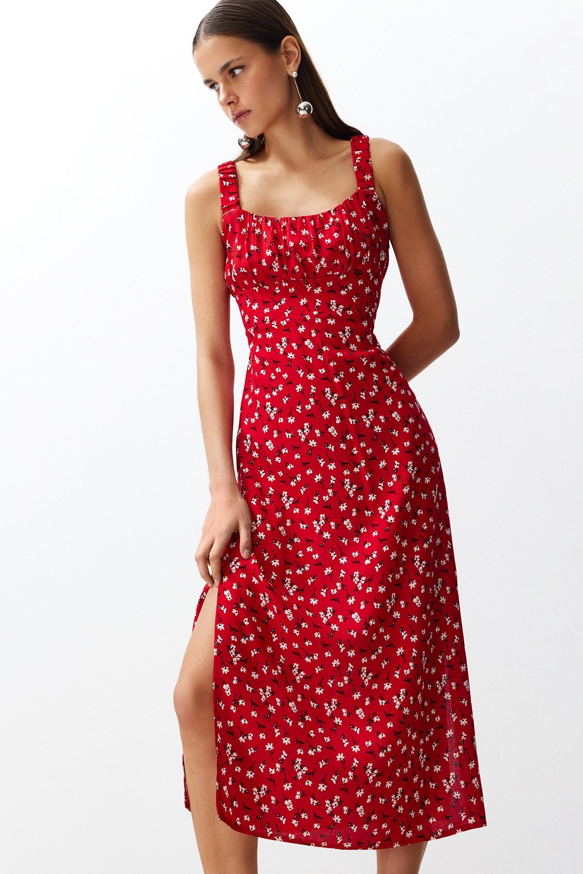 Red Floral Viscose Maxi Woven Dress Twoss24el00613